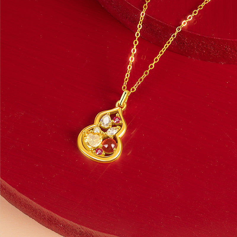 New Chinese Style S925 Sterling Silver Gourd Necklace Female Inlaid Red Agate Magic Color Fu Lu High-Grade Good Luck Clavicle Chain Female
