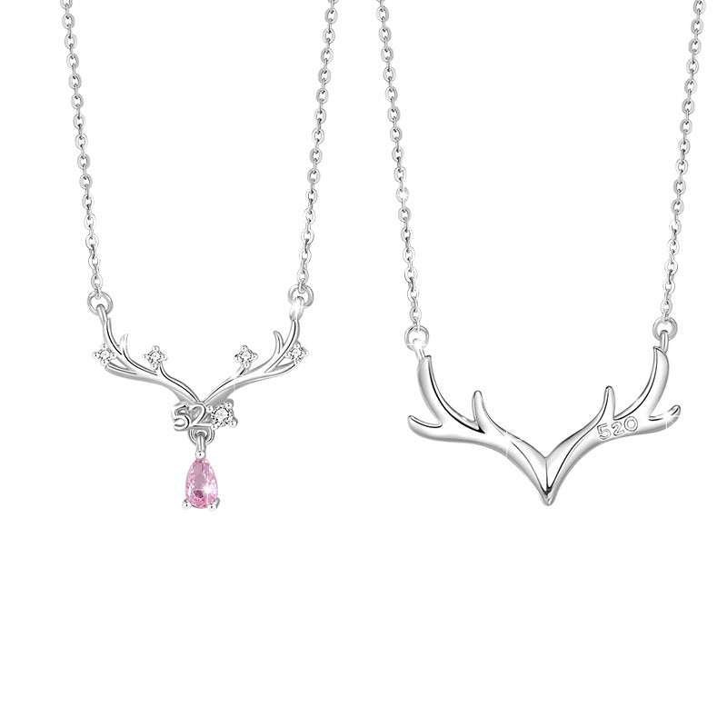 Yi Lu Has You Sterling Silver 925 Couple Necklace Men's and Women's Fashion All-Match Zircon Clavicle Chain Ins Style Antler Pendant