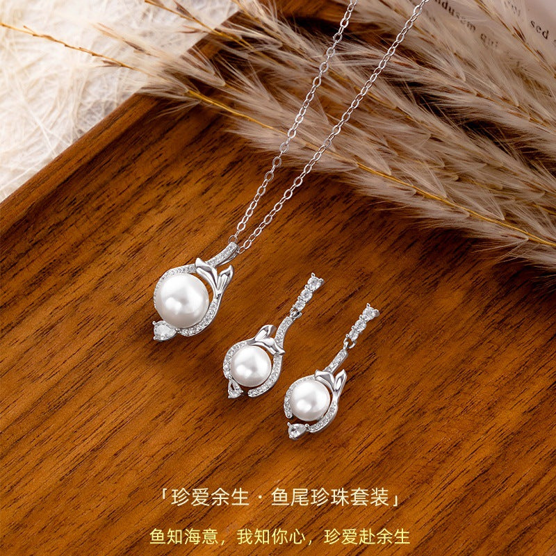 S92 Sterling Silver Fishtail Pearl Jewelry Set High-Grade Light Luxury Necklace Ear Hook Two-Piece Commuter Gift Silver Jewelry