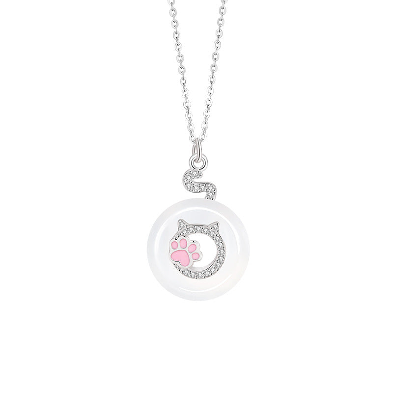 Halskette aus 925er Sterlingsilber – Katze und Scheibe und Chalcedon