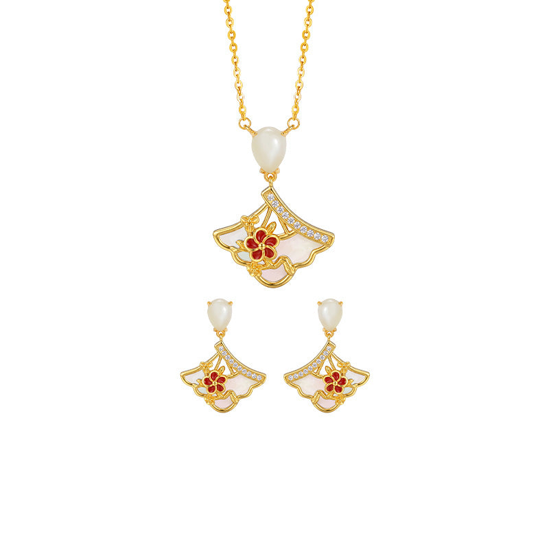 New Chinese Style Twelve Flower God Series S925 Sterling Silver Necklace Earrings Hetian Jade Fritillary Enamel Small Skirt Pendant
