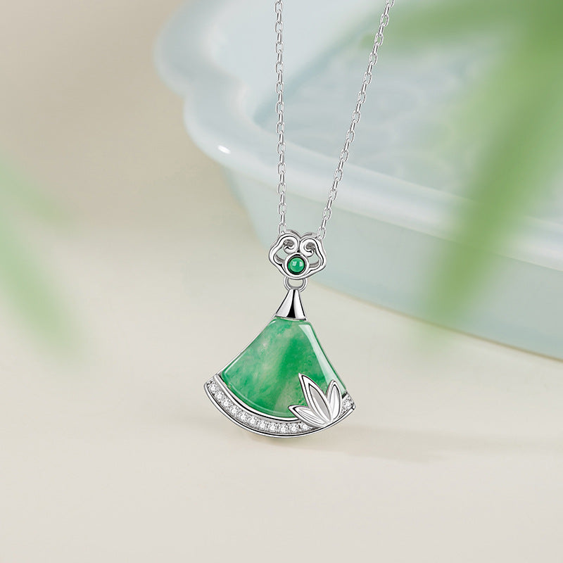 Fan-Shaped Sterling Silver 925 Natural African Emerald Necklace Women's National Fashion Bamboo Knot Ruyi Clavicle Chain Ins Style Ginkgo Leaf Pendant