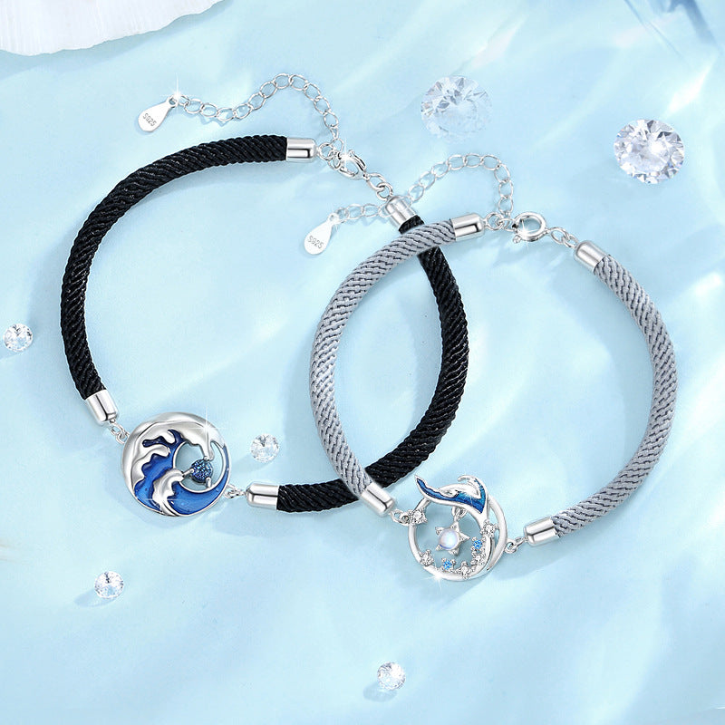 Fishtail Sterling Silver 925 Couple Bracelet Men and Women Niche Design Light Luxury Glass Stone Bracelet Ins Style Star Bracelet