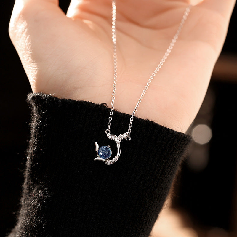 For the Rest of Your Life, You Have S925 Sterling Silver Necklace, Female Niche Design, Natural White Agate Glass Stone Pendant, Fishtail Clavicle Chain