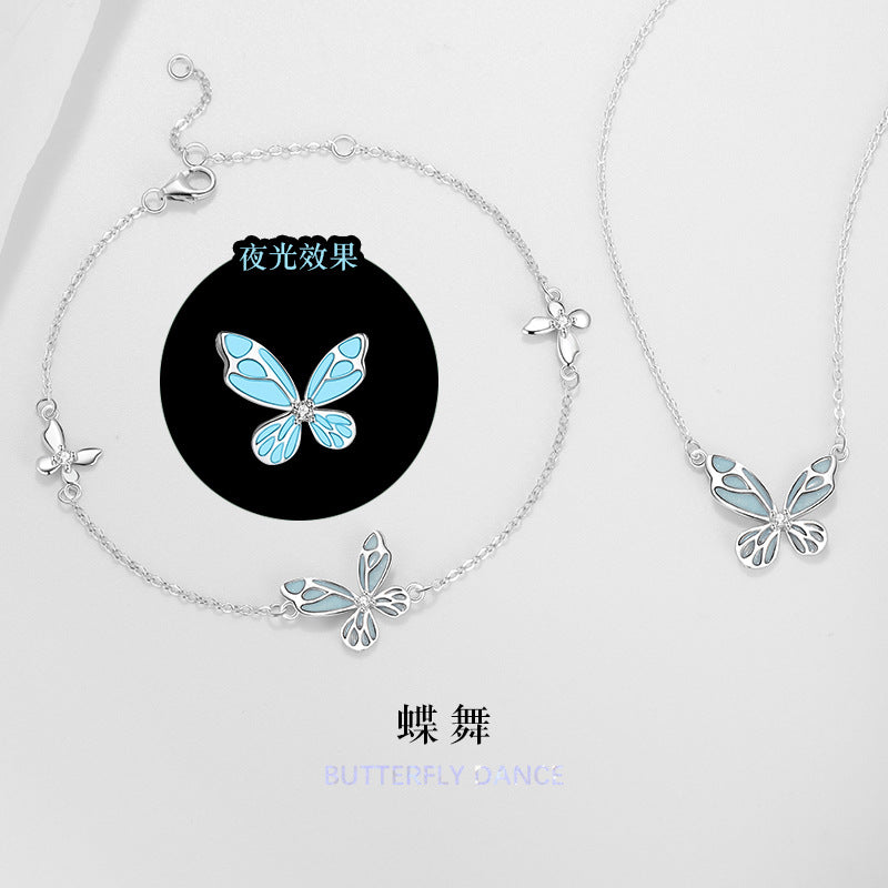Butterfly Luminous Sterling Silver 925 Necklace Female Niche Design Light Luxury Zircon Clavicle Chain Ins Style Mori Pendant