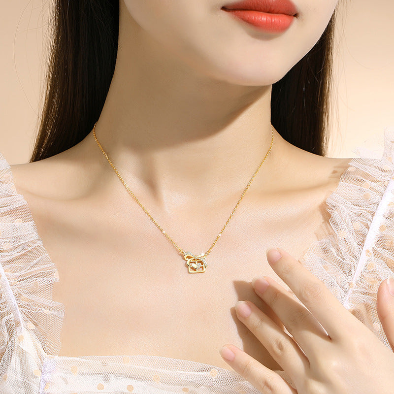Bowknot Sterling Silver 925 Necklace Women's Fashion Versatile Square Sugar Clavicle Chain Qixi Gift Ins Style Love Pendant
