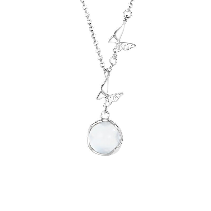 Original Butterfly Pure Silver 999 Necklace Female Niche Design Light Luxury Chalcedony Clavicle Chain Ins Style Flower Pendant