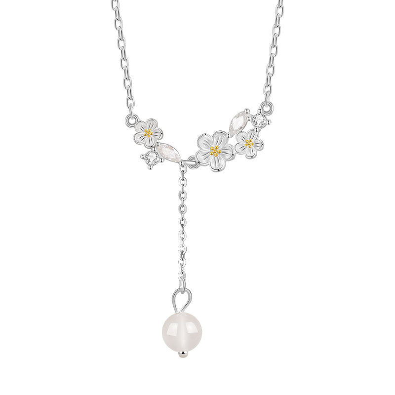SOURCE Factory S925 Sterling Silver Moli Necklace Female New Chinese Flower Tassel White Agate Silver Jewelry Wholesale Gift Female
