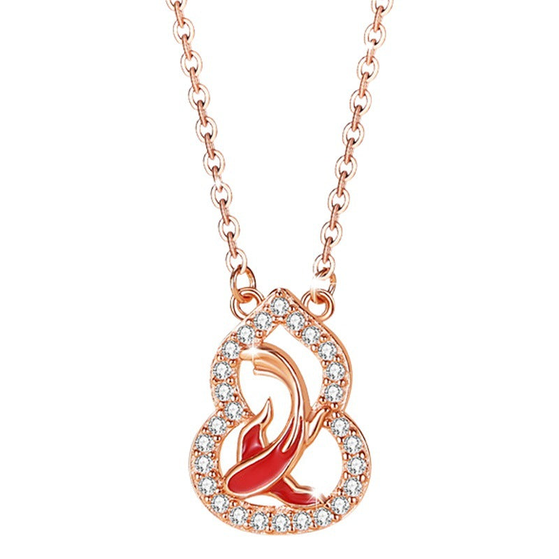 Fu Lu Double Full Sterling Silver 925 Necklace Women's National Fashion Court Style Gourd Zircon Clavicle Chain Lucky Koi Fish Pendant