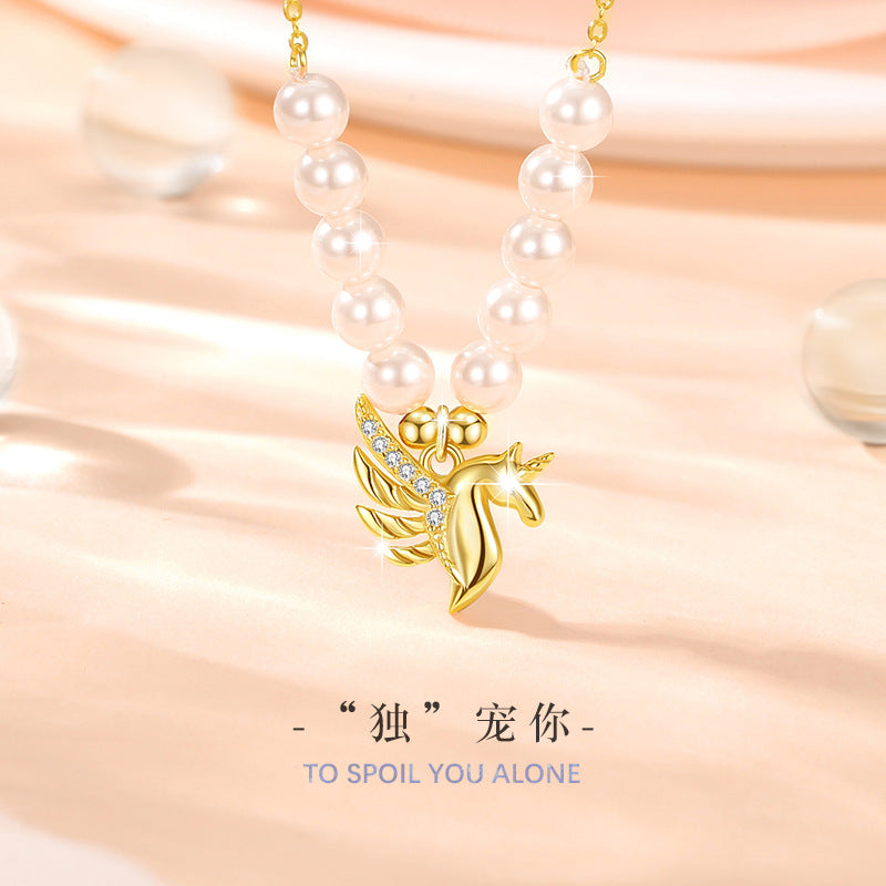 Unicorn Sterling Silver 925 Necklace Female Niche Design Light Luxury Pearl Clavicle Chain Get Things Ins Style Tianma Pendant