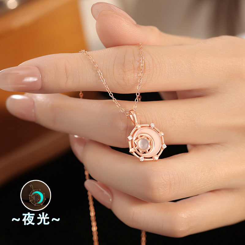 Star Moon S925 Sterling Silver Necklace Dripping Enamel Luminous Pendant Niche White Agate Clavicle Chain Gift for Women