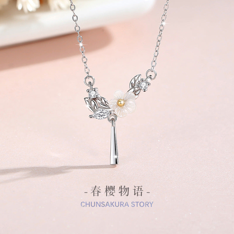 Sterling Silver Cherry Blossom Necklace – Zircon Accents