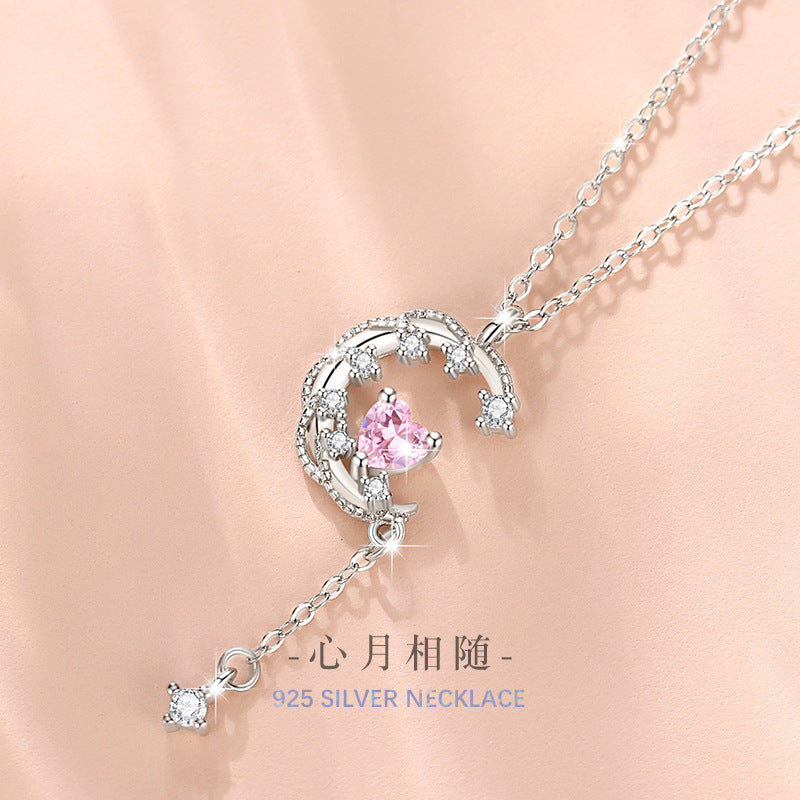 Moon Sterling Silver 925 Necklace Female Niche Design Light Luxury Tassel Clavicle Chain Get Things Ins Style Love Pendant
