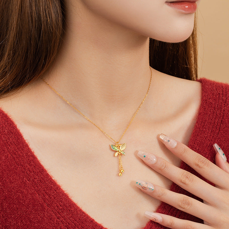 Butterfly Sterling Silver 925 Necklace Female Niche Design Light Luxury Pink Epoxy Clavicle Chain Ins Style Tassel Pendant