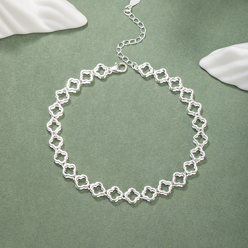 Lucky Clover Pure Silver 999 Bracelet New Chinese National Fashion Flower Bracelet Ins Style Light Luxury Peach Blossom Bracelet
