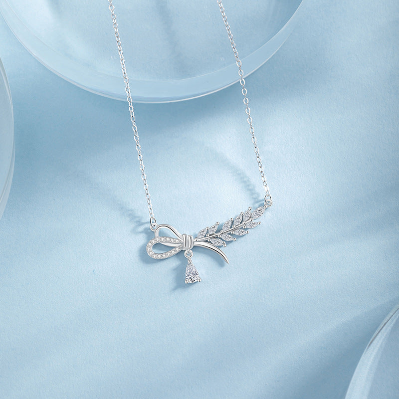 Wheat Ear Sterling Silver 925 Necklace Women's Fashion All-Match Zircon Bow Clavicle Chain Ins Style Laurel Goddess Pendant