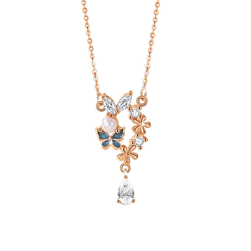 Butterfly Sterling Silver 925 Necklace Female Niche Design Light Luxury Zircon Tassel Clavicle Chain Ins Style Flower Pendant