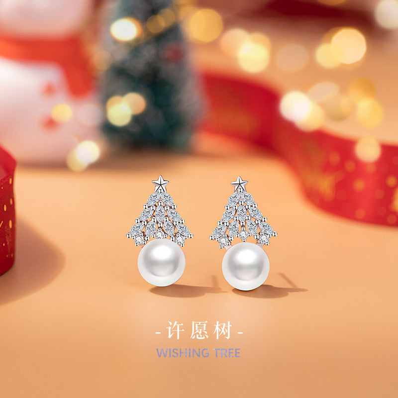 Christmas Tree Sterling Silver 925 Stud Earrings Female Niche Design Light Luxury Style Shijia Pearl Earrings Ins Style Star Earrings