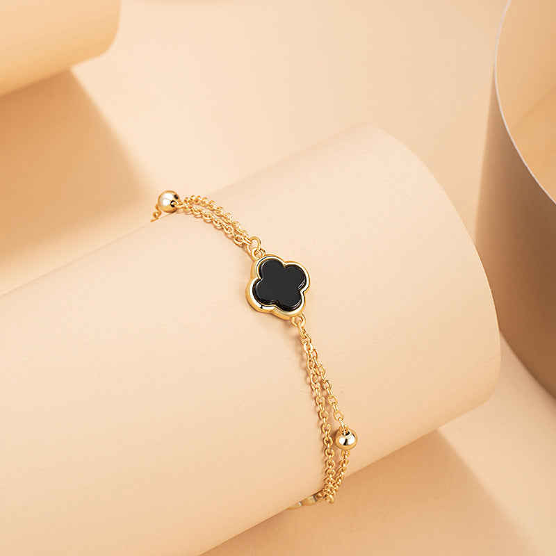 Lucky Clover Sterling Silver 925 Bracelet Female Niche Design Light Luxury Black Agate Bracelet Ins Style Flower Bracelet