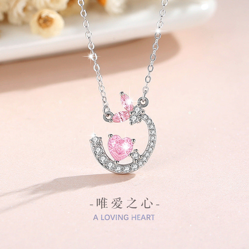 Butterfly Sterling Silver 925 Necklace Women's Fashion Versatile Moon Clavicle Chain 520 Valentine's Day Love Pink Diamond Pendant