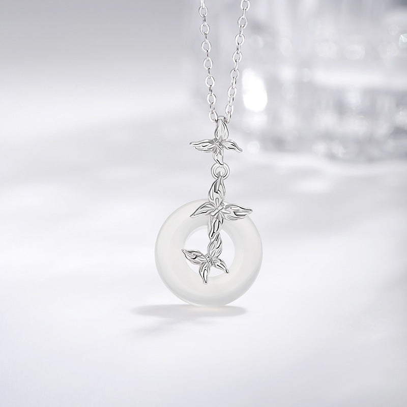 Butterfly Sterling Silver 925 Necklace Women's Light Luxury Individual Chalcedony Clavicle Chain Ins Cold Style Girlfriends Safety Buckle Pendant