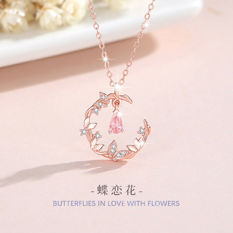 Butterfly Sterling Silver 925 Necklace Women's Fashionable All-Match Pink Zircon Clavicle Chain, INS Style Flower Pendant