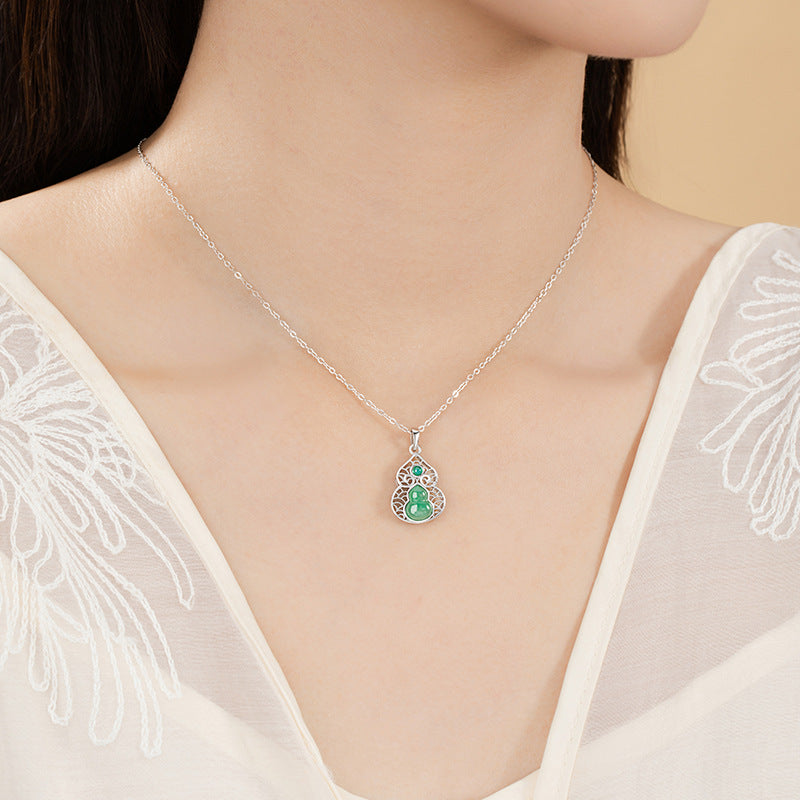 Fu Lu Ankang Sterling Silver 925 Necklace Women's New Chinese Natural African Cuixiang Cloud Clavicle Chain Gourd Chalcedony Pendant