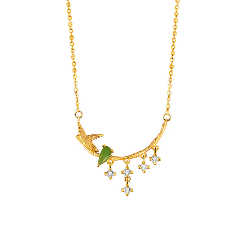 New Chinese Style Ancient Style S925 Sterling Silver Necklace Women's High-Grade Versatile Jasper Bamboo Necklace Holiday Gift Accessories Women