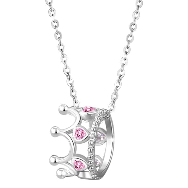 Crown Sterling Silver 925 Necklace Female Niche Design Light Luxury Pink Diamond Clavicle Chain Qixi Ins Style Love Pendant