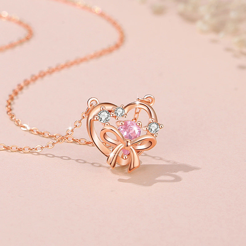 Lovely Sterling Silver 925 Necklace Female Niche Design Light Luxury Pink Diamond Clavicle Chain Get Things Ins Style Bow Pendant