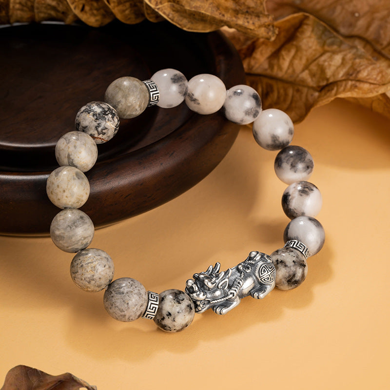 Pure Silver 999 Bracelet New Chinese National Fashion Geographical Stone Six Words Proverb Bracelet High-Grade Persian Stone Bracelet