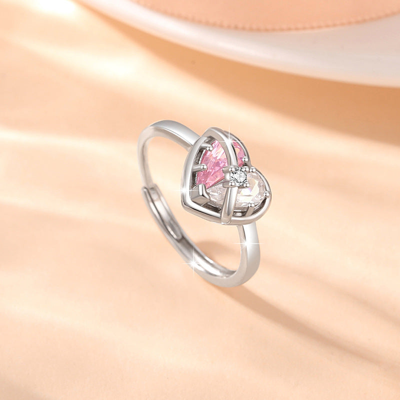 Lovely Sterling Silver 925 Ring Women's Fashion All-Match Pink Diamond Star Ring Qixi Things Ins Style Planet Ring