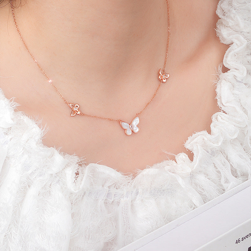 S925 Silver Rose Gold Plated White Fritillary Butterfly Necklace Bracelet Stud Earrings Set Light Luxury Niche All-Match Jewelry
