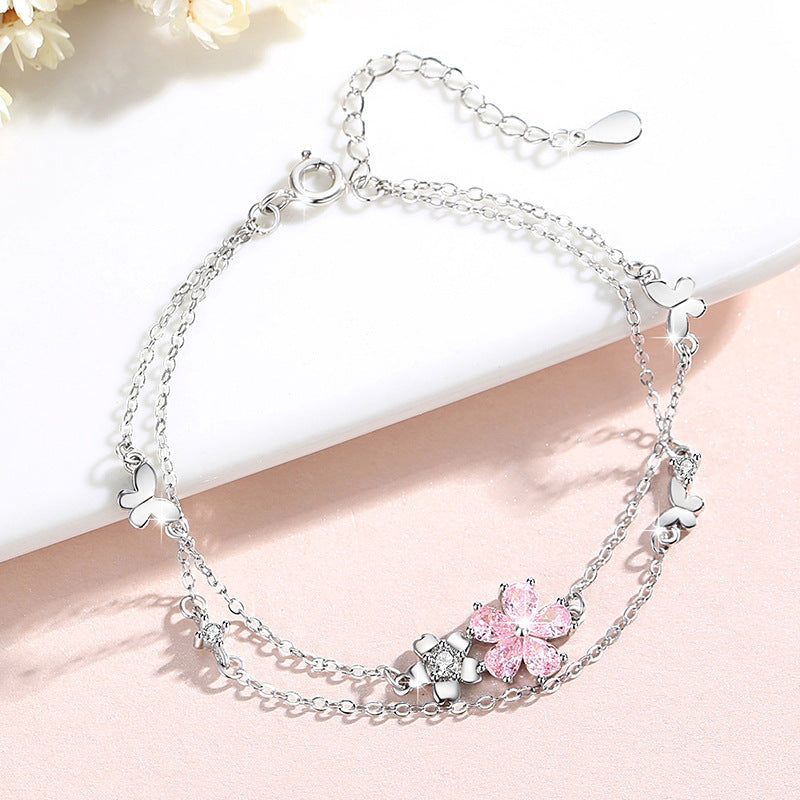 Cherry Blossom Sterling Silver 925 Bracelet Women's Fashion Versatile Pink Zircon Bracelet 520 Valentine's Day Ins Flower Bracelet