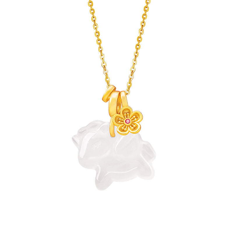 Immediately Rich Flower Sterling Silver 925 Necklace Female National Tide White Agate Birth Year Clavicle Chain Zodiac Horse Flower Pendant