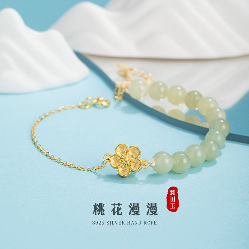 Peach Blossom Sterling Silver 925 Hetian Jade Bracelet Female New Chinese National Fashion Cherry Blossom Bracelet Ins Style Flower Bracelet