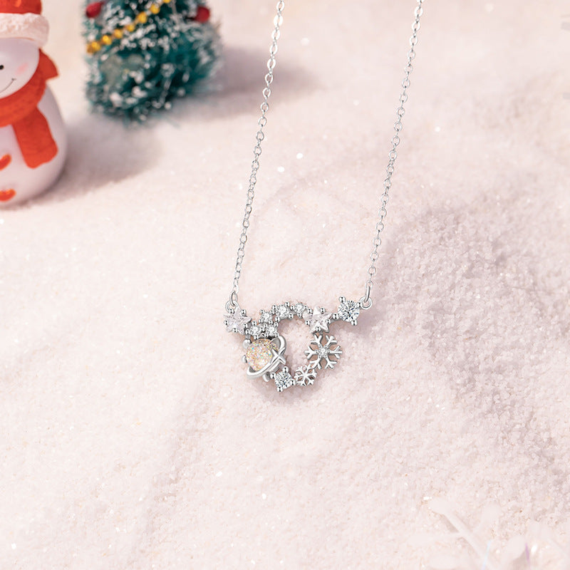 Snowflake Sterling Silver 925 Necklace Female Niche Design Light Luxury Glass Stone Star Clavicle Chain Ins Christmas Pendant