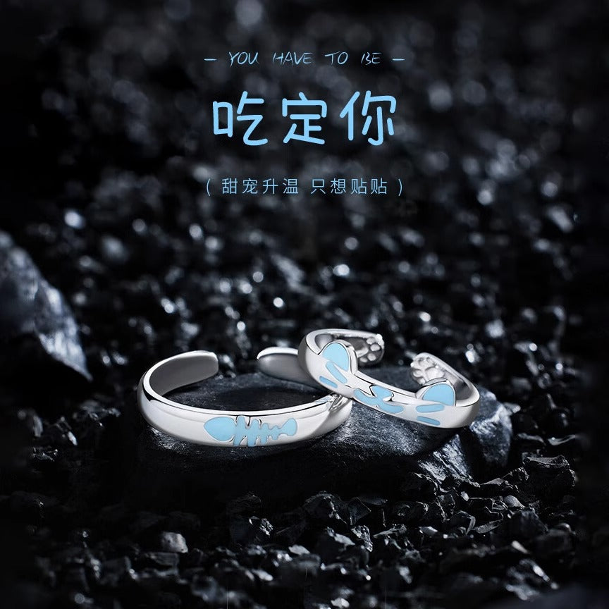 Cat Fish Love 925 Sterling Silver Couple Ring Fashion Light Luxury Niche Luminous Ring Valentine's Day Gift for Girlfriend