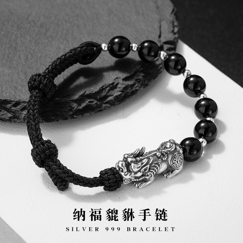 Pure Silver 999 Bracelet Men's Niche Light Luxury High-Grade Feeling NAFU Bracelet New Chinese National Fashion Red Agate Bracelet