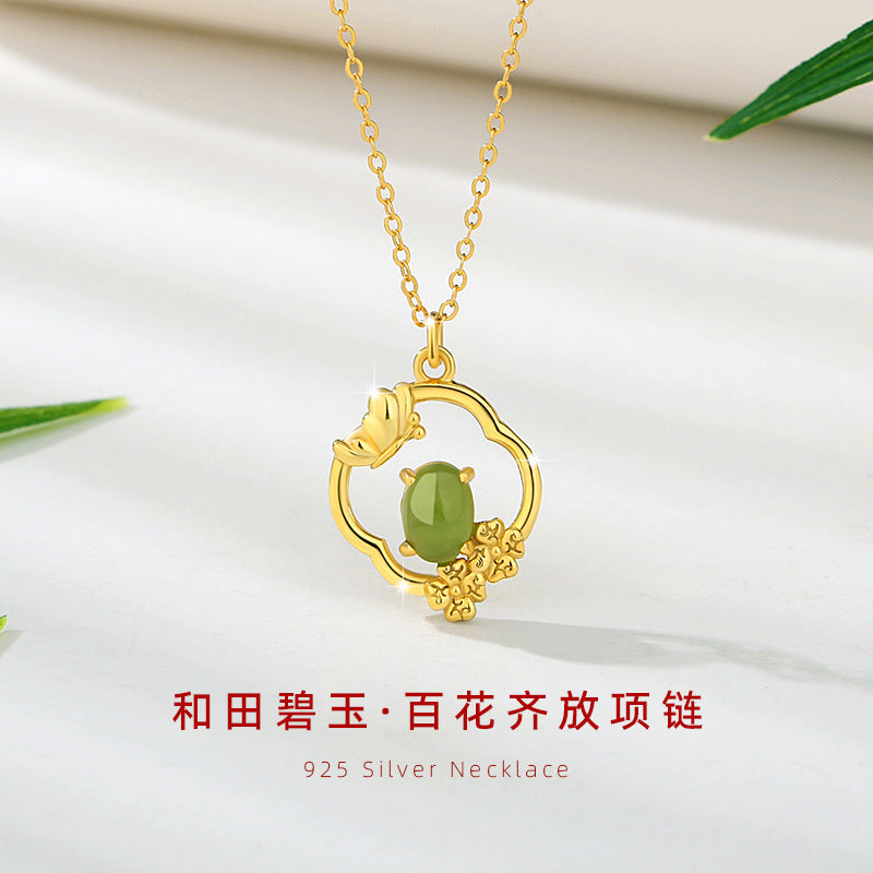 Flower Four Seasons Sterling Silver 925 Hetian Jasper Necklace Women's National Fashion Classical Spring, Summer, Autumn and Winter Clavicle Chain Lotus Pendant