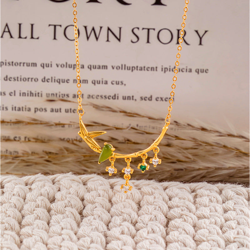 New Chinese Style Ancient Style S925 Sterling Silver Necklace Women's High-Grade Versatile Jasper Bamboo Necklace Holiday Gift Accessories Women