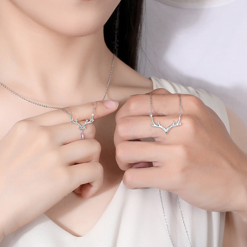 Yi Lu Has You Sterling Silver 925 Couple Necklace Men's and Women's Fashion All-Match Zircon Clavicle Chain Ins Style Antler Pendant