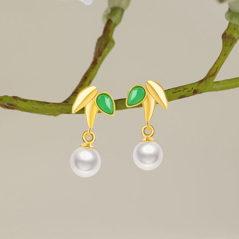 Bamboo Sterling Silver 925 Stud Earrings Women's Light Luxury High-Grade Freshwater Pearl Bamboo Earrings High-Rise Chalcedony Earrings