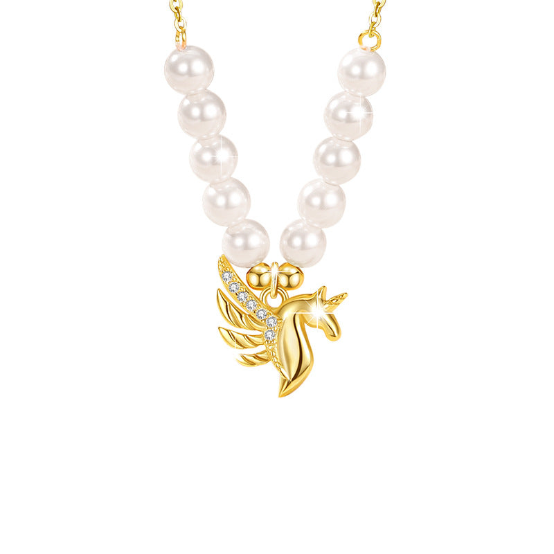 Unicorn Sterling Silver 925 Necklace Female Niche Design Light Luxury Pearl Clavicle Chain Get Things Ins Style Tianma Pendant