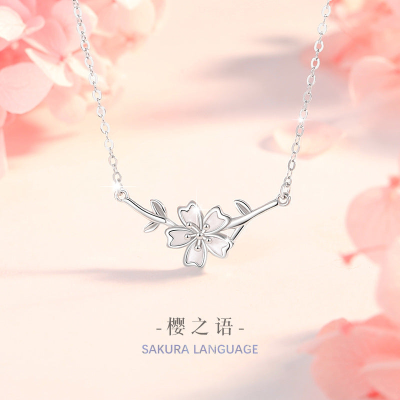 Cherry Blossom Sterling Silver 925 Necklace Female Niche Design Light Luxury Leaf Clavicle Chain Get Things Ins Style Flower Pendant