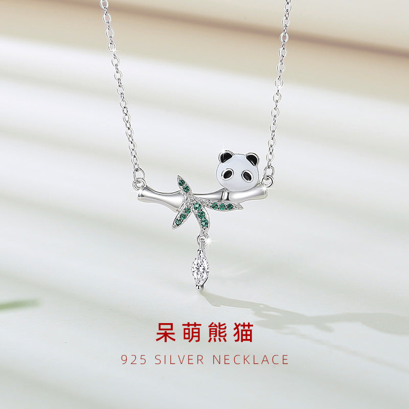 Panda Sterling Silver 925 Necklace Female Niche Design Light Luxury Tassel Zircon Clavicle Chain Ins Style Bamboo Pendant