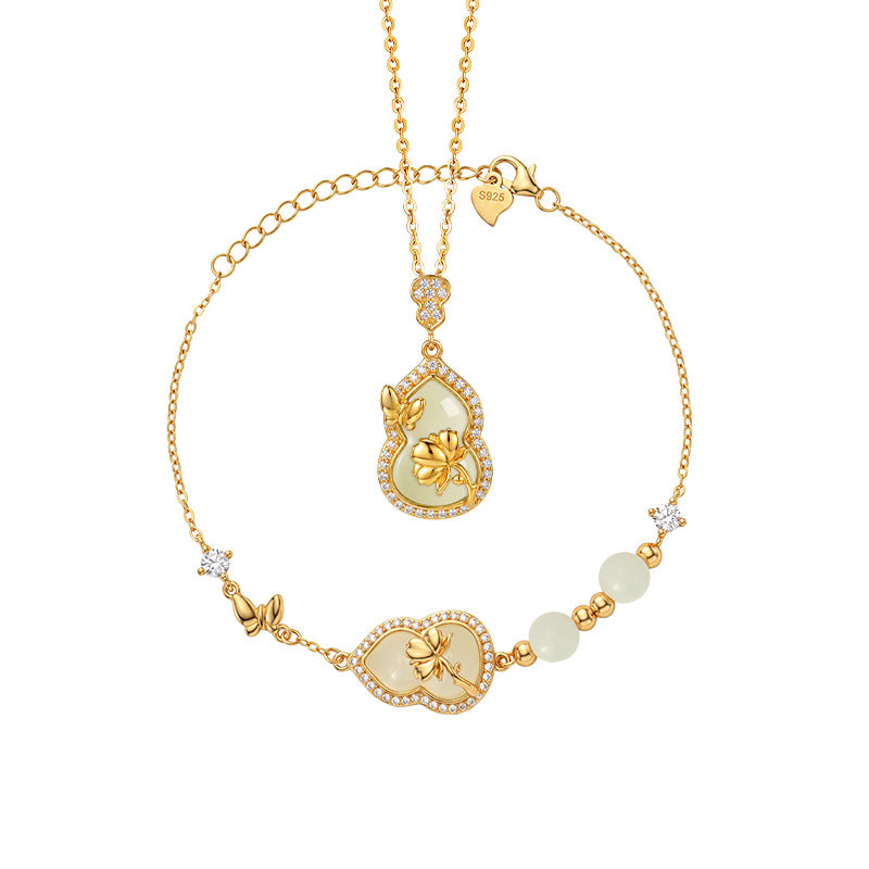 Hetian Jade Gourd Lotus Set New Chinese S925 Sterling Silver Necklace Bracelet National Style Holiday Gift Silver Jewelry Wholesale