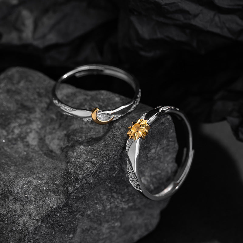 Sun Moon Tonghui Pure Silver 999 Couple Ring Men and Women Niche Design Light Luxury Moon Ring Ins Sun Ring