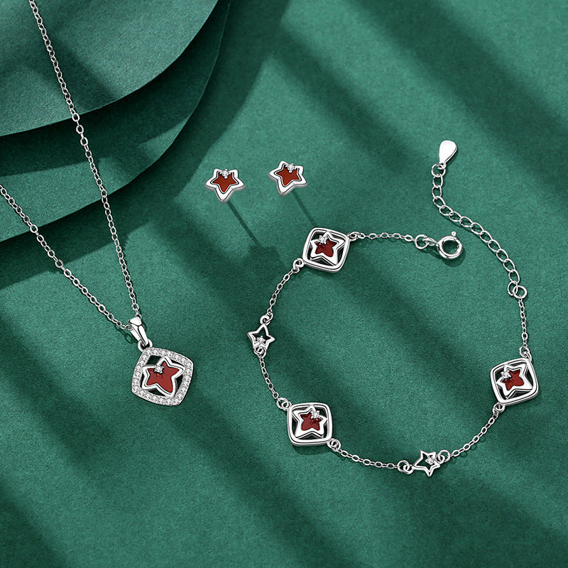 Ivy Sterling Silver 925 Necklace Female Niche Design Peacock Bracelet Valentine's Day Square Zircon Maple Leaf Stud Earrings