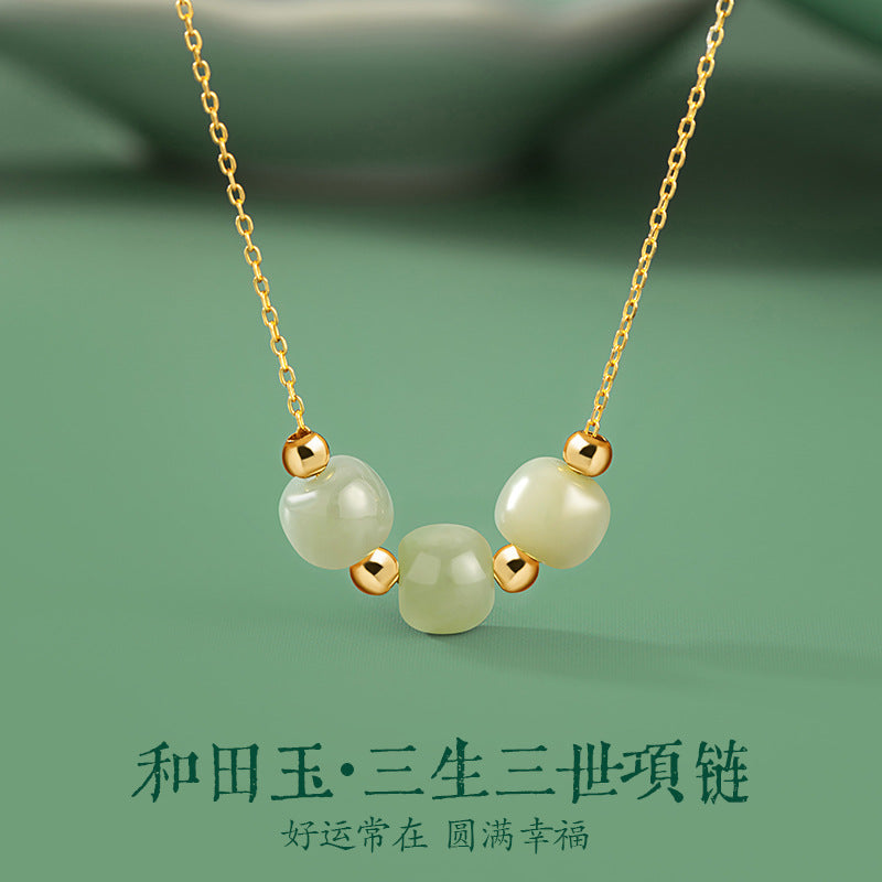 Original Sansheng Sanshi Sterling Silver 925 Hetian Jade Necklace Women's New Chinese National Fashion Clavicle Chain Ins Style round Bead Pendant